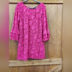 New Directions Petite Dress Women 10 Fuchsia Mesh 3D Floral Ruffle Sleeve Shift